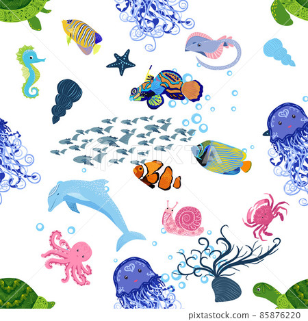 Marine life, fish, animals bright seamless pattern. sea travel, underwater diving animal tropical fish. Jellyfish, whale, shark, seahorse, clown fish, dolphin, turtle emperor fish octopus stingray Marine life, fish, animals bright seamless pattern. sea travel, underwater diving animal tropical fish. Jellyfish, whale, shark, seahorse, clown fish, dolphin, turtle emperor fish octopus stingray 85876220