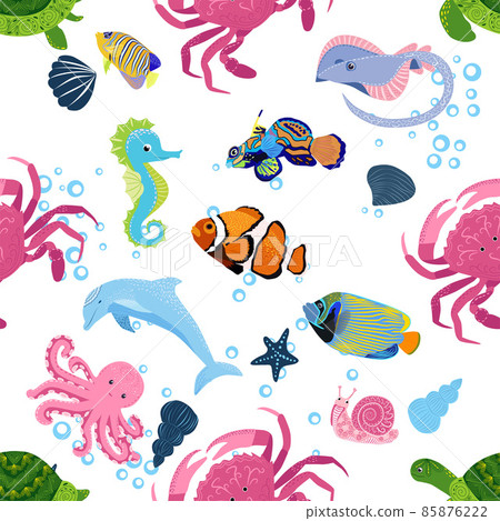 Marine life, fish, animals bright seamless pattern. sea travel, underwater diving animal tropical fish. Jellyfish, whale, shark, seahorse, clown fish, dolphin, turtle emperor fish octopus stingray 85876222