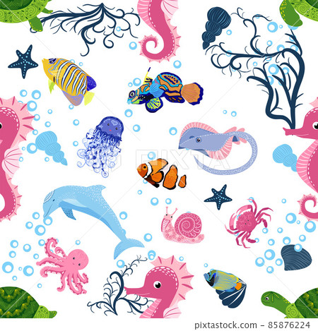 Marine life, fish, animals bright seamless pattern. sea travel, underwater diving animal tropical fish. Jellyfish, whale, shark, seahorse, clown fish, dolphin, turtle emperor fish octopus stingray 85876224