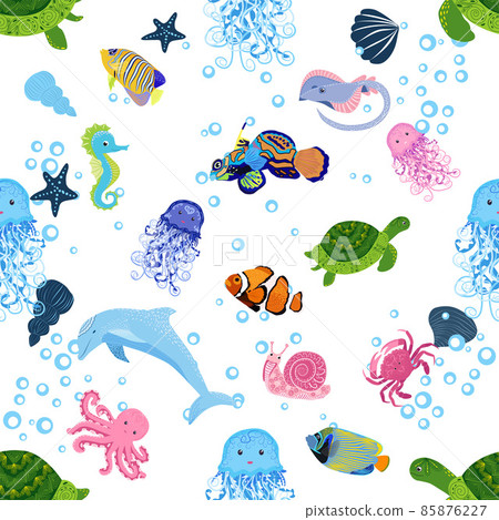 Marine life, fish, animals bright seamless pattern. sea travel, underwater diving animal tropical fish. Jellyfish, whale, shark, seahorse, clown fish, dolphin, turtle emperor fish octopus stingray Marine life, fish, animals bright seamless pattern. sea travel, underwater diving animal tropical fish. Jellyfish, whale, shark, seahorse, clown fish, dolphin, turtle emperor fish octopus stingray 85876227