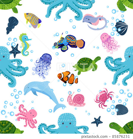 Marine life, fish, animals bright seamless pattern. sea travel, underwater diving animal tropical fish. Jellyfish, whale, shark, seahorse, clown fish, dolphin, turtle emperor fish octopus stingray Marine life, fish, animals bright seamless pattern. sea travel, underwater diving animal tropical fish. Jellyfish, whale, shark, seahorse, clown fish, dolphin, turtle emperor fish octopus stingray 85876231