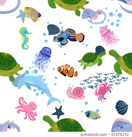 Marine life, fish, animals bright seamless pattern. sea travel, underwater diving animal tropical fish. Jellyfish, whale, shark, seahorse, clown fish, dolphin, turtle emperor fish octopus stingray Marine life, fish, animals bright seamless pattern. sea travel, underwater diving animal tropical fish. Jellyfish, whale, shark, seahorse, clown fish, dolphin, turtle emperor fish octopus stingray 85876242