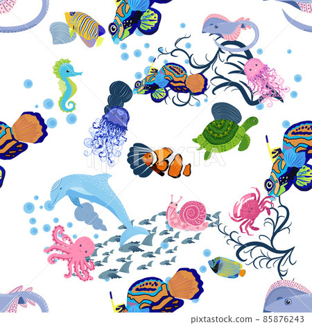 Marine life, fish, animals bright seamless pattern. sea travel, underwater diving animal tropical fish. Jellyfish, whale, shark, seahorse, clown fish, dolphin, turtle emperor fish octopus stingray 85876243