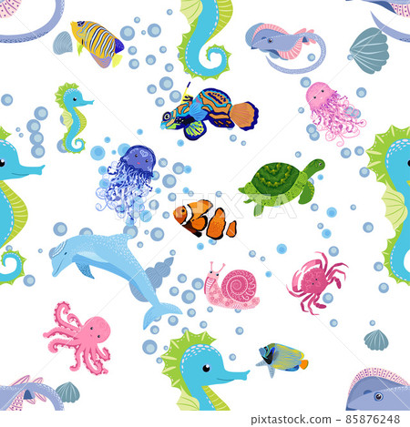 Marine life, fish, animals bright seamless pattern. sea travel, underwater diving animal tropical fish. Jellyfish, whale, shark, seahorse, clown fish, dolphin, turtle emperor fish octopus stingray 85876248