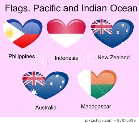 Flags of Oceania countries in original colors. Philippines, Indonesia, New Zealand, Australia, Madagascar 85876399