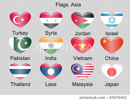 Flags of Asian Countries. Turkey, Pakistan, Syria, India, China, Japan Laos Thailand Israel and others 85876402