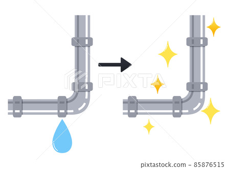 Illustration of water pipes Water leak repair before and after pop 85876515