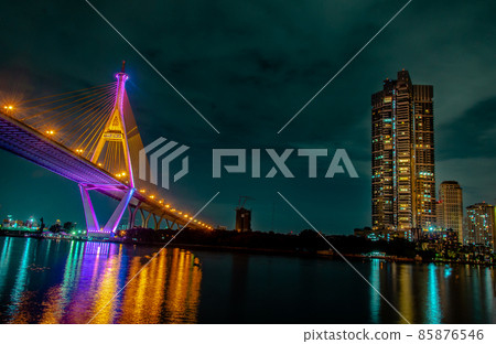 Beautiful twilight scenes of The Bhumibol Bridge,also known as the Industrial Ring Road Bridge. Beautiful twilight scenes of The Bhumibol Bridge,also known as the Industrial Ring Road Bridge. 85876546