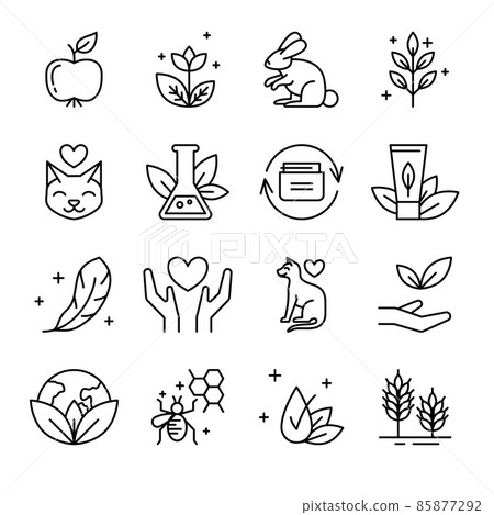 Organic Cosmetic Sign Black Thin Line Icon Set Include of Gluten and Rabbit. Vector illustration of Natural Ingredient Icons 85877292