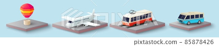 Transport isometric icon set, vector isolated illustration. Paper cut hot air balloon, plane, bus and tram. Transport isometric icon set, vector isolated illustration. Paper cut hot air balloon, plane, bus and tram. 85878426
