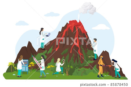 Scientists volcanologists studying volcano and volcanic activity or eruption, vector illustration. Volcanology. Scientists volcanologists studying volcano and volcanic activity or eruption, vector illustration. Volcanology. 85878450