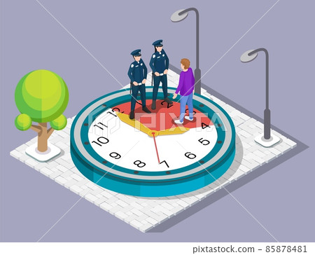 Police officers patrolling street to avoid curfew breaches, vector isometric illustration. Stay at home at specific time 85878481