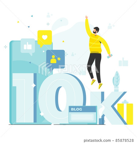 10000 followers, happy blogger celebrating blog goal achievements, 10k social media subscribers, vector illustration. 10000 followers, happy blogger celebrating blog goal achievements, 10k social media subscribers, vector illustration. 85878528