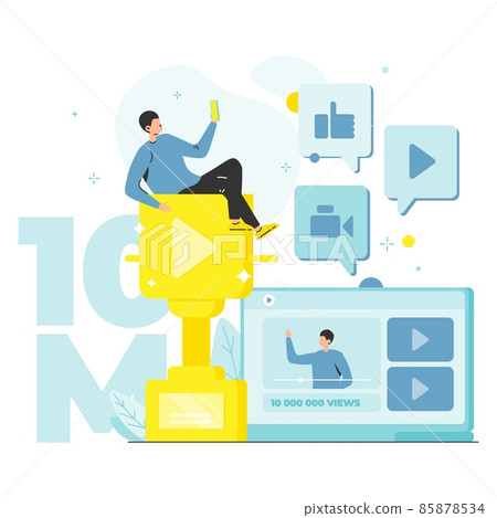 10000000 views, video blogger celebrating achievements, 10m social media followers, subscribers, vector illustration. 85878534