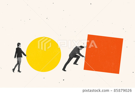 Contemporary art collage. Employees, man and woman pushing figures symbolizing hard work to success 85879026