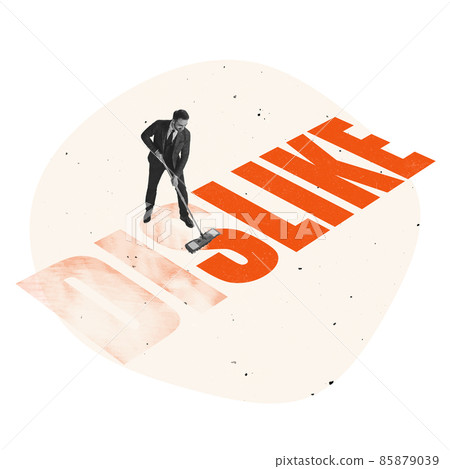 Contemporary art collage. Office worker, employee cleaning word dislike to like symbolizing approval 85879039