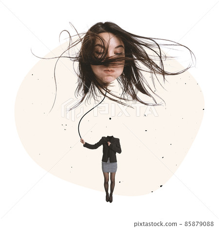 Contemporary art collage. Employee, office worker holding flying head symbolizing work overload and stress 85879088
