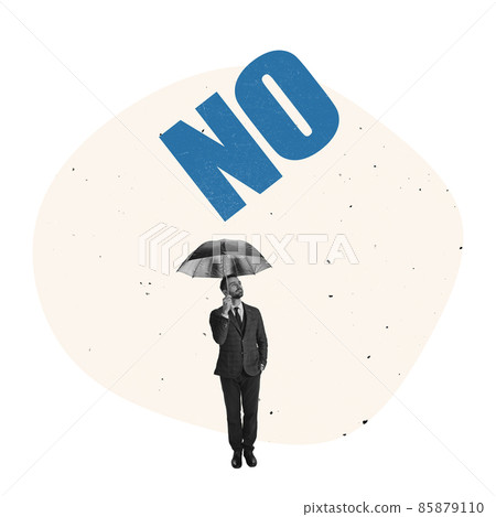 Cotemporary art collage. Businessman sandiong under umbrella and no word. Cotemporary art collage. Businessman sandiong under umbrella and no word. 85879110
