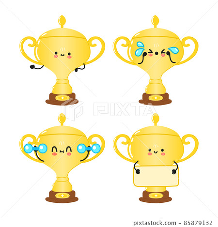 Funny cute golden trophy cup characters bundle set. Vector hand drawn doodle style cartoon character illustration icon design. Cute happy golden trophy cup mascot character collection 85879132