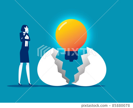 Creative new strategy born process. Egg shell cracking and light bulb birth Creative new strategy born process. Egg shell cracking and light bulb birth 85880078