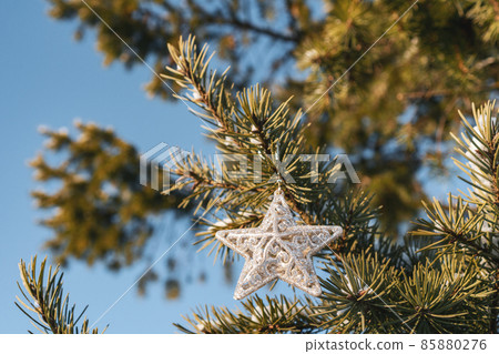 Spruce branch with Christmas decorations 85880276