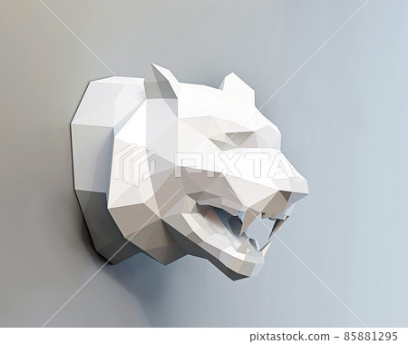 White low poly tiger head on gray background, paper animal trophy on the wall, 3d rendered 85881295