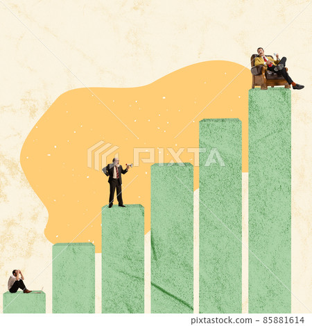 Contemporary art collage. Three employees standing on different position at ladder of success. Job hierarchy 85881614