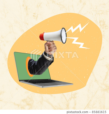 Contemporary art collage. Male hand with megaphone sticking out laptop screen and shouting to hire new employees 85881615