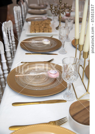 Elegant sweet table with sweets and decoration baby shower party Elegant sweet table with sweets and decoration baby shower party 85881837