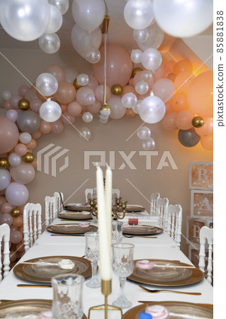 Elegant sweet table with sweets and decoration baby shower party Elegant sweet table with sweets and decoration baby shower party 85881838