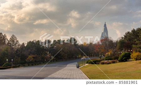 Ryugyong Hotel dominating the skyline of Pyongyang in North Korea Ryugyong Hotel dominating the skyline of Pyongyang in North Korea 85881901