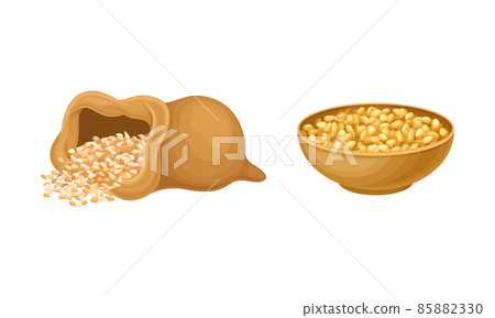 Cereal grains set. Wooden bowl and sack of wheat, barley or rye grains vector illustration Cereal grains set. Wooden bowl and sack of wheat, barley or rye grains vector illustration 85882330