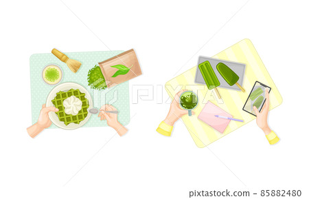 View from above of hands and delicious green matcha tea desserts set vector illustration View from above of hands and delicious green matcha tea desserts set vector illustration 85882480