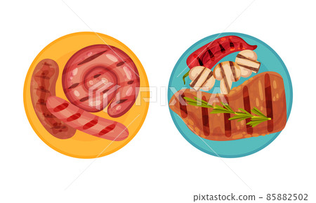 Grilled food set. Meat steak and sausages served on plates with vegetables. Top view of delicious dishes for barbecue party menu vector illustration 85882502