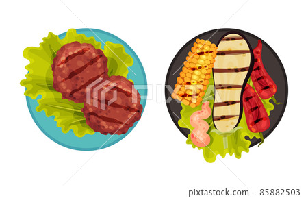 Grilled food set. Beef steak and vegetables served on plates. Top view of delicious dishes for barbecue party menu vector illustration 85882503
