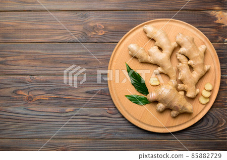 ginger on Cutting board table, top view. Space for text 85882729