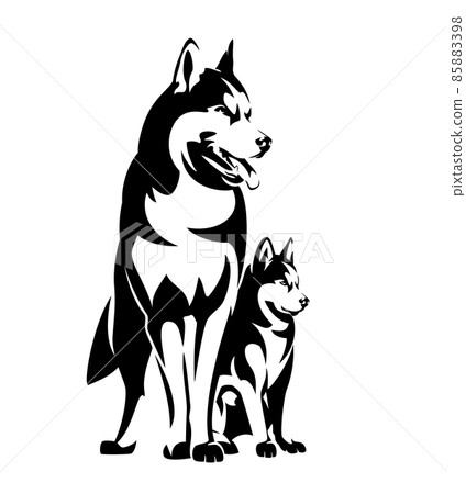 black vector outline of standing siberian husky sled dog and her puppy 85883398