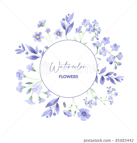 Watercolor flora in round frame. Hand drawn illustration of very peri flowers. Botanical element for label, greeting card design and packaging. 85883442