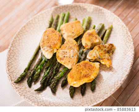 dietary meal rich in protein. Stir fried chicken breast and green asparagus dietary meal rich in protein. Stir fried chicken breast and green asparagus 85883613