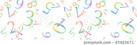 Watercolor illustration of rainbow color numbers. A seamless pattern of randomly placed numbers. background. Watercolor illustration of rainbow color numbers. A seamless pattern of randomly placed numbers. background. 85883671