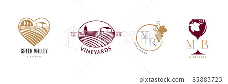 Wine, vineyard, organic natural winery logo collection. Vineyard field and grapes symbols and icons  85883723