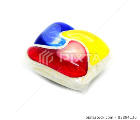 Washing gel pod on white background Washing gel pod on white background 85884136