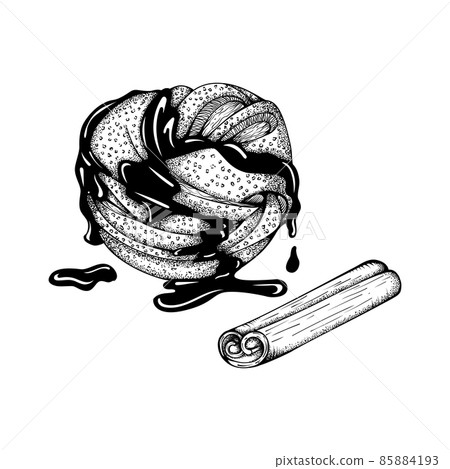 Black Engraved cinnamon Cake Sweets with chocolate Graphic Isolated Illustration 85884193