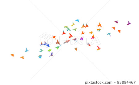 Multi-colored birds. A flock of flying rainbow birds. Vector illustration 85884467