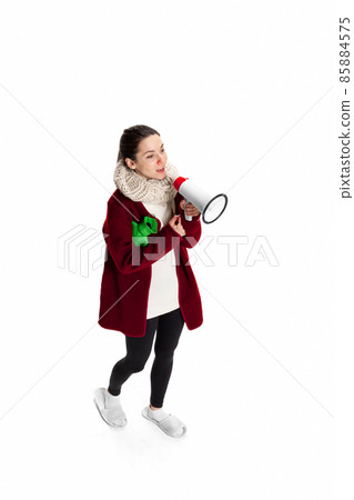 Portrait of young ill girl feeling sick, has running nose isolated over white studio background. Flu, cold, allergy 85884575