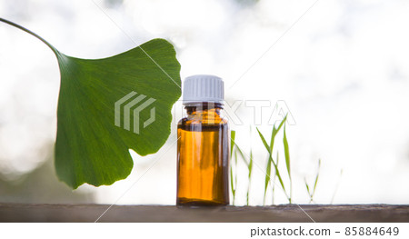 Ginkgo essential oil - banner, copy spece for text. 85884649
