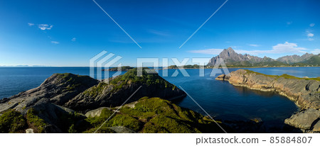 Panoramic view to Orsvagvaer village and Sandvika fjord at Austvagoy Island, Lofoten, Norway Panoramic view to Orsvagvaer village and Sandvika fjord at Austvagoy Island, Lofoten, Norway 85884807