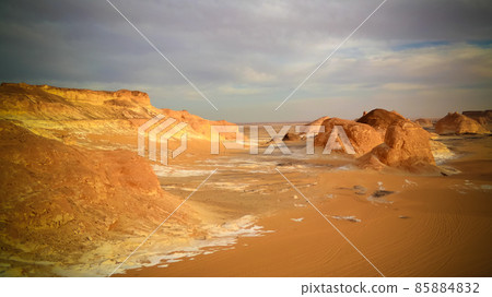 Panorama of El-Agabat valley in White desert, Sahara, Egypt Panorama of El-Agabat valley in White desert, Sahara, Egypt 85884832