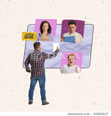 Contemporary art collage. Man, manager having online meeting with team via Internet 85885637