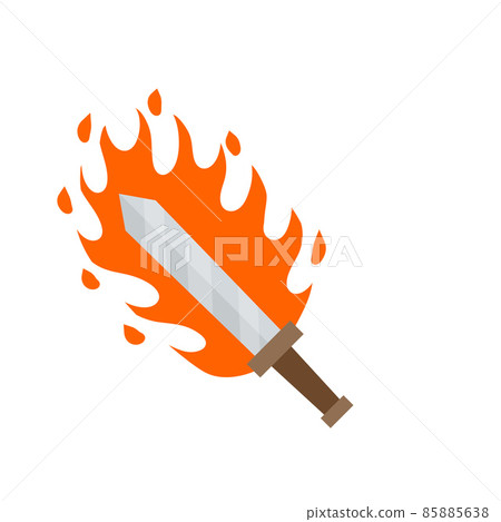 Fiery sword. Magic weapon of knight, sorcerer, magician. Fire spell. 85885638